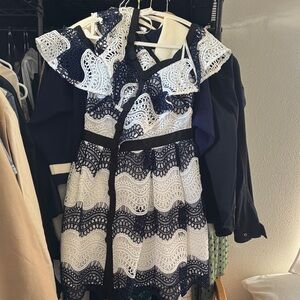 Self-Portrait Navy and White One Shoulder Dress